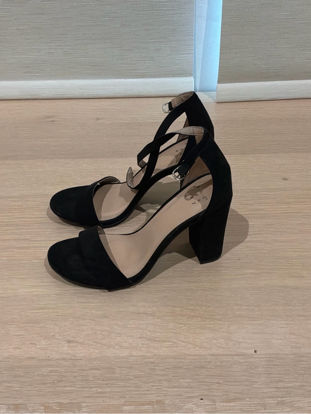 a new day Black Suede Block Heel Ankle-Strap Sandals
